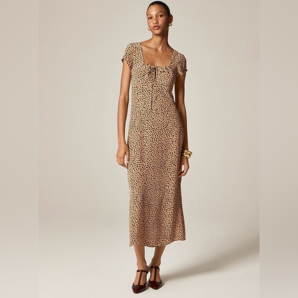 NWT J.CREW Squareneck Slip Midi Dress in Spot Print - Brown/Black. Size 8